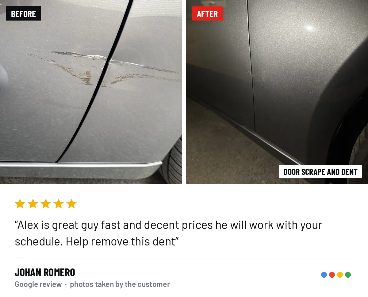 Before and after photos of a door scrape and dent repair, from Johan romero&rsquo;s Google review