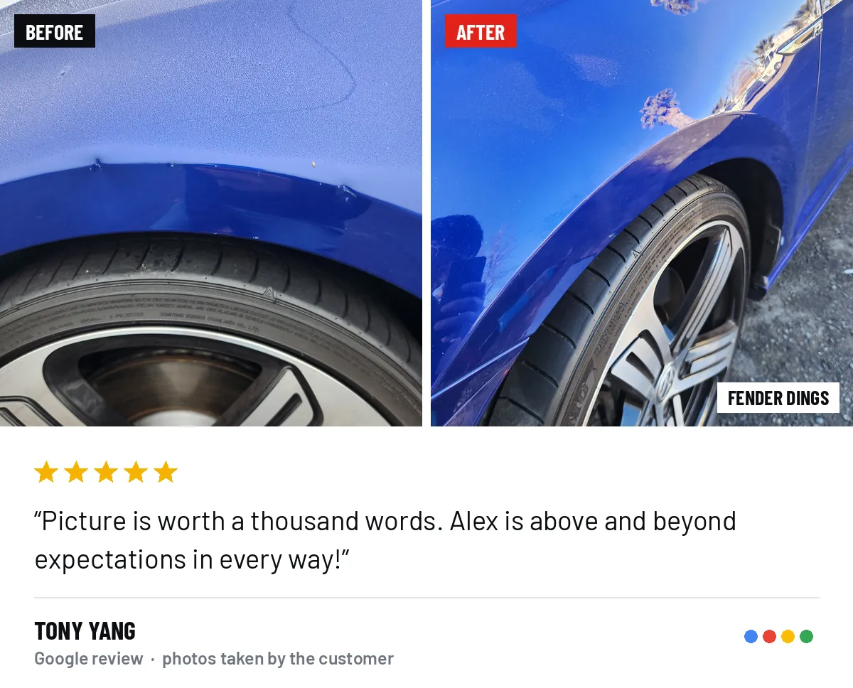 Before and after photos of a fender dings repair, from Tony Yang&rsquo;s Google review