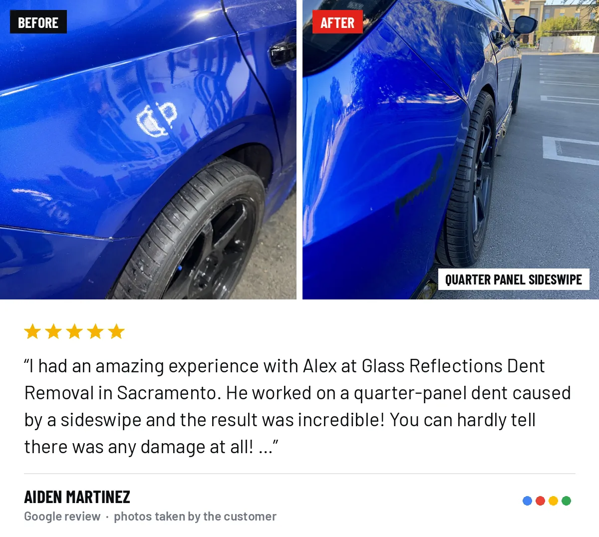 Before and after photos of a quarter panel sideswipe repair, from Aiden Martinez&rsquo;s Google review