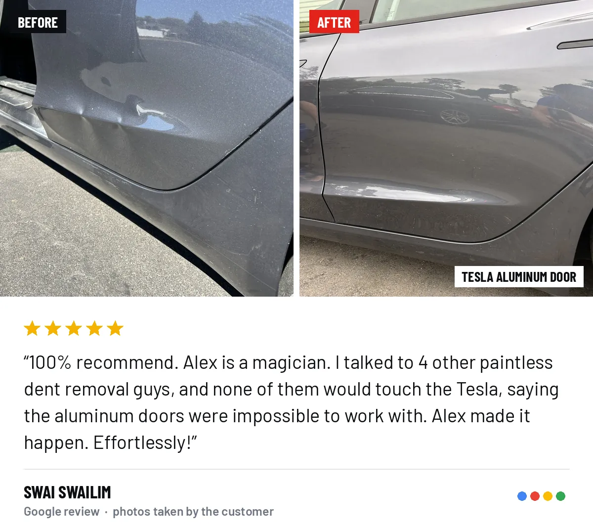 Before and after photos of a tesla aluminum door repair, from Swai Swailim&rsquo;s Google review